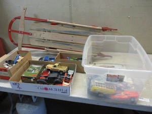 Vintage Sled and Large Box of Model Cars & Parts