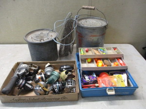 12 Reels, 2 Vintage Minnow Buckets and Vintage Fishing Basket