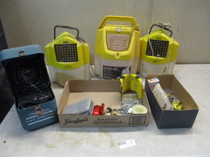 Vintage Health Kit Fish Finder, 2 Boxes of Fishing Tackle and 3 Minnow Buckets