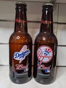 lot 262 image: Large Dodgers and Yankees Glass Budweiser Bottles