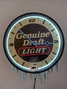 lot 75 image: Miller Genuine Draft Beer Neon Wall Clock with Icicles