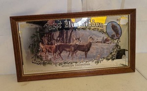 lot 175 image: Vintage 1991 Framed Pabst Blue Ribbon Mirrored Wildlife Collection Sign - Whitetails