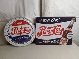 lot 408 image: Vintage USA Pepsi-Cola Tin Sign and thermometer