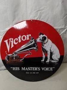 lot 413 image: Old Ande Rooney Enamel Advertising Sign for Victor Dog His Masters Voice