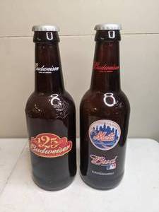 lot 308 image: Pair of 2 Budweiser  Large Glass Novelty Beer Bottles New York Mets