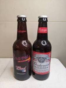lot 309 image: Pair of 2 Budweiser  Large Glass Novelty Beer Bottles Atlanta Braves