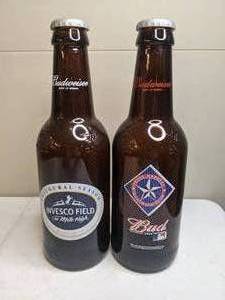 lot 310 image: Pair of 2 Budweiser  Large Glass Novelty Beer Bottles Texas Rangers