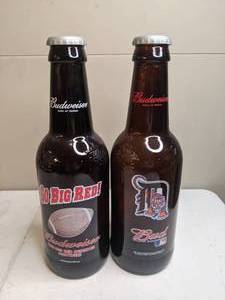 lot 315 image: Pair of Oversized Novelty Budweiser Beer Bottles Detroit Tigers & Nebraska Cornhuskers
