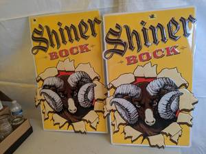 lot 443 image: Pair of Shiner Bock Beer Rams Head Metal Wall Hangings