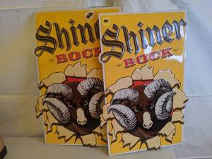 lot 444 image: Pair of Shiner Bock Beer Rams Head Metal Wall Hangings