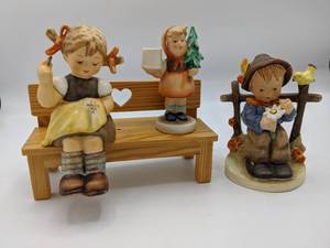 lot 913 image: Three Hummel Figurines with Wood Bench