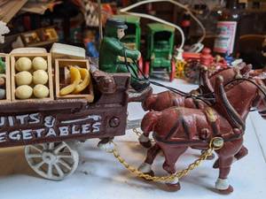 lot 1312 image: Vintage Cast Iron Horse Toy Wagon Fresh Fruits Vegetables