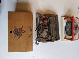 lot 1322 image: Vintage Wooden Budweiser Box, MN Wild Hockey Puck, and Cast Iron Toolbox Toy
