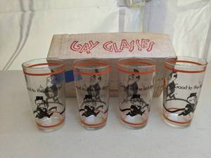lot 781 image: Set of Four Vintage Hazel Atlas Good to the Last Drop Gay Glasses Gas Station Tumblers