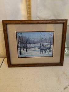 lot 796 image: Framed Winter Scene with Deer Art Print