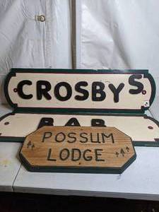 lot 1032 image: Two Wood Signs Crosbys Bar & Possum Lodge