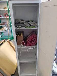 lot 822 image: Narrow Wood Storage Cabinet with Contents