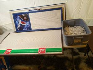 lot 215 image: Customizable Pepsi (2) and 7UP Menu Boards with Crate of Sign Board Letters