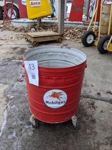 lot 43 image: Vintage Mobilgas Metal Bucket on Wheels