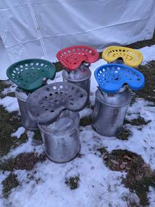 lot 1411 image: Vintage Milk Can and Tractor Seat Outdoor Chairs