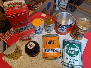 lot 1388 image: Lot of vintage  tin cans, signs , and a random eight ball
