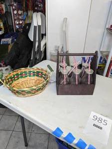 lot 985 image: Replica Vintage Glass Milk Bottles with Straws and a Wicker Basket