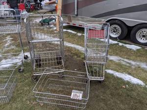 lot 1157 image: 3 Wheeled Shopping Carts and a Metal Basket