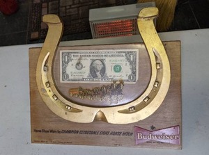 lot 1500 image: Budweiser Beer Clydesdale Horseshoe First Dollar Bar Sign