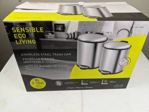 lot 1435 image: Pair of Small Stainless Steel Trash Cans, Budweiser & Plain - NIB