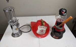 lot 1451 image: Mini Gas Pump Beverage Dispenser, Gumball Machine & Fire Helmet