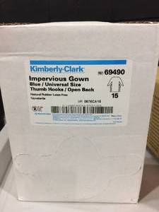 Kimberly-Clark Impervious Gown Blue Universal Size Thumb Hooks Open Back Natural Rubber Latex Free 69490