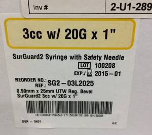 2 Cases SurGuard2 Syringes 20G (0.90mm x 25mm)