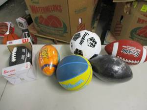 4 Footballs, A basketball, and a so...