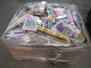 WHOLESALE MIXED PALLET OF MISCELLANEOUS OFFICESCHOOL SUPPLIES, BOOKS, FRAMABLE ART BANNERS AND MORE
