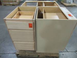 Pallet of 3 Unfinished Kitchen Base Cabinets and End Panel.