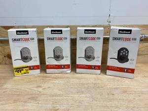 lot 51 image: KWIKSET Lot of 4-  SmartCode (3 Satin Nickel and 1 Venetian Bronze) Electronic Tustin Door Lever Featuring SmartKey Security