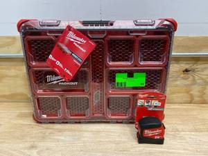 lot 93 image: MILWAUKEE PACKOUT 11-Compartment Small Parts Organizer with MILWAUKEE 25 ft. x 1.2 in. Compact Wide Blade Tape Measure with 15 ft. Reach