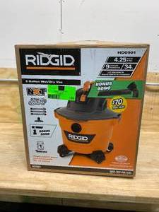 lot 120 image: RIDGID 9 Gal. 4.25-Peak HP NXT WetDry Shop Vacuum with Filter, Hose, 3-Wands, Utility Nozzle, Crevice Tool and Dusting Brush