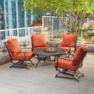 lot 83 image: Redwood Valley 5-Piece Metal Patio Fire Pit Seating Set with Beige Cushions