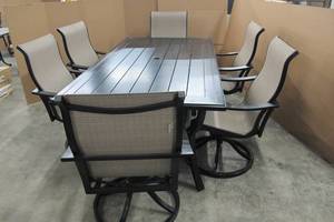 lot 169 image: 7 Piece Patio Dining Set- 6 Swivel Dining Chairs with 1 Umbrella Table in Black