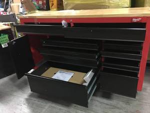61 in. 11-Drawer1-Door 22 in. D Mobile Workbench with Sliding Pegboard Back Wall in RedBlack by Milwaukee with damage please review the pictures