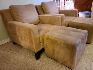lot 3 image: Pair of Microsuede Armchairs and Ottomans