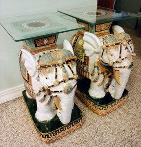 lot 7 image: Pair of Painted Ceramic Elephant Side Tables