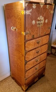 lot 8 image: Amazing Large Asian Inspired Burled Wood Cabinet