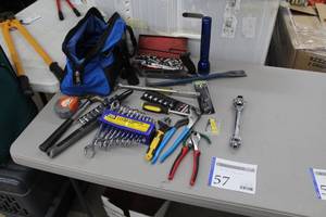 lot 57 image: Tool Bag, Combination Wrench Set, Socket Set, Hammer, Slip-Lock Pliers, Pry Bar, Flashlight, Multi-socket Wrench, and more