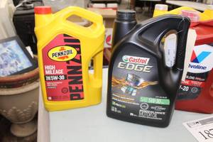 lot 186 image: Lot of (2) Pennzoil High Mileage 5W-30 Motor Oil 1.25-Gallon Plastic Bottle, Catrol Edge Synthetic 5W-30 Motor Oil 5-qt. Plastic Bottle