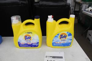 lot 190 image: Lot of (2) Tide Refreshing Breeze Oxi 74 Load Laundry Detergent 3.59-Gallon Plastic Bottle, Refreshing Breeze 89 Load Laundry Detergent 1-Gallon Plastic Bottle