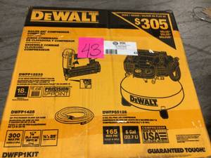 lot 43 image: 6 Gal. 18-Gauge Brad Nailer and Heavy-Duty Pancake Electric Air Compressor Combo Kit (1-Tool) by DEWALT in good condition see pics 