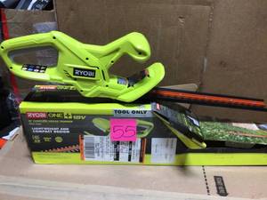 lot 55 image: ONE 18 in. 18-Volt Lithium-Ion Cordless Hedge Trimmer (Tool-Only) by RYOBI see pics  in working condition