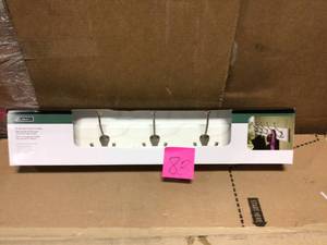 lot 83 image: 27 in. White and Satin Nickel Tri-Hook Rack by Liberty